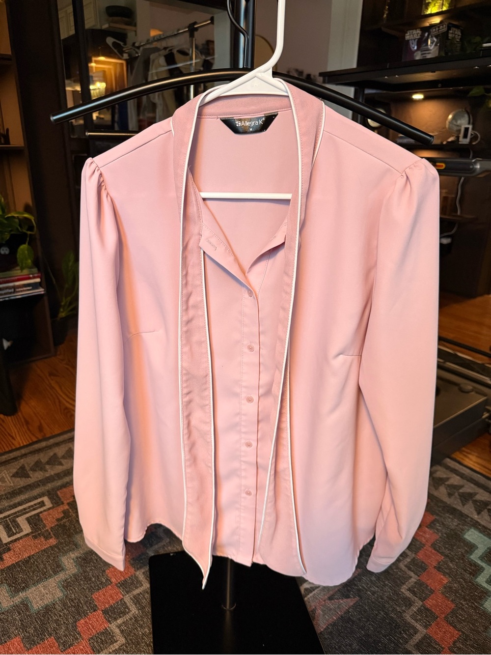 Allegra K Soft Pink Collared Blouse with Trim